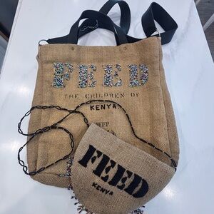 FEED Kenya Natural Jute Tote with Multicolor Beading plus small crossbody bag
